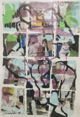 Fragmented figure in cool tones