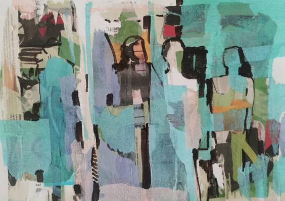 Three Figures in Turquoise and Pastel