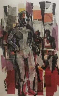 Standing figures in red tones