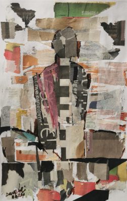 Vertical figure with black and pink striped elements