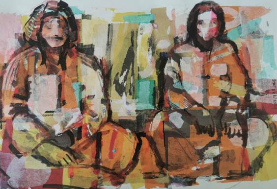 Two Seated Figures in Orange