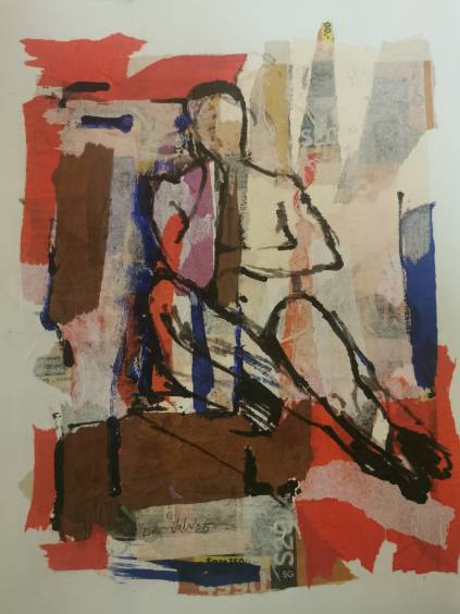 Abstract seated figure in reds